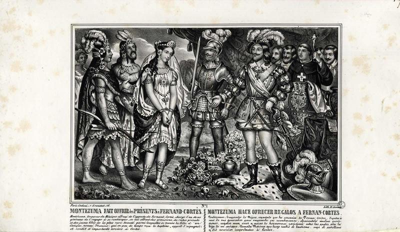MONTEZUMA FAIT OFFRIR des PRESENTS à FERDINAD-CORTES (titre inscrit, français, espagnol)_0