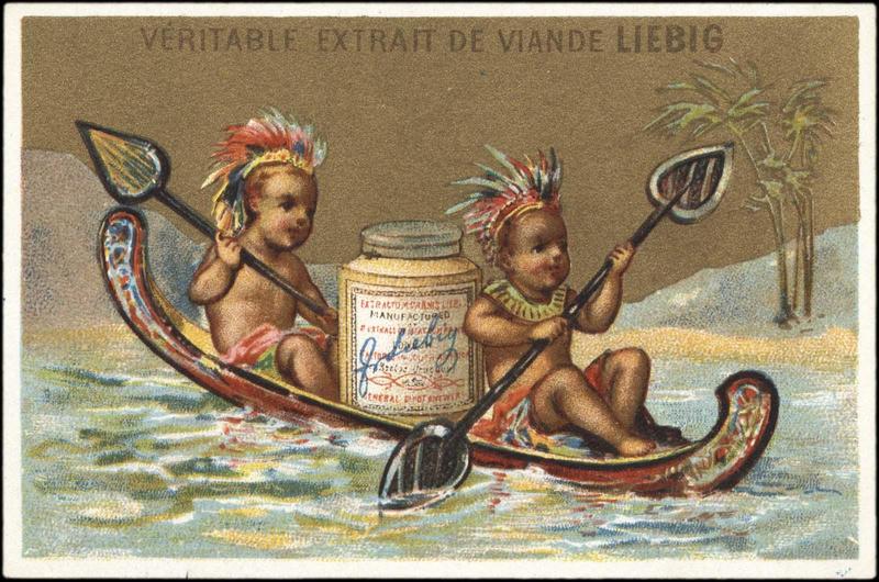 Deux enfants vêtus en indiens d'Amérique transportant un pot d'extrait de viande Liebig dans un canoë (titre factice)_0