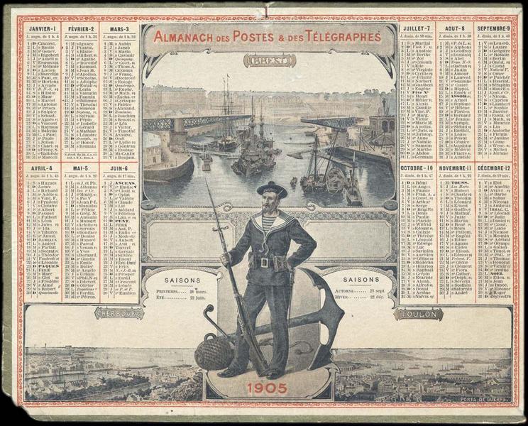 ALMANACH DES POSTES & DES TELEGRAPHES / BREST / CHERBOURG / TOULON PORTS DE GUERRE (titre inscrit)_0