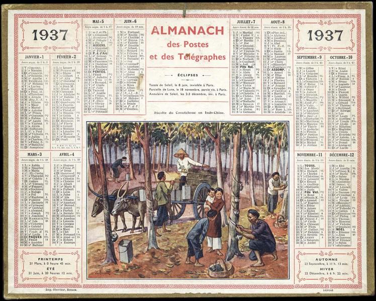 Almanach des Postes et des Télégraphes / Récolte du caoutchouc en Indo-Chine (titre inscrit)_0