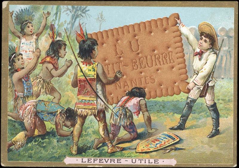 Des enfants déguisés en indiens et en explorateurs jouent autour d'un biscuit LU géant (titre factice)_0