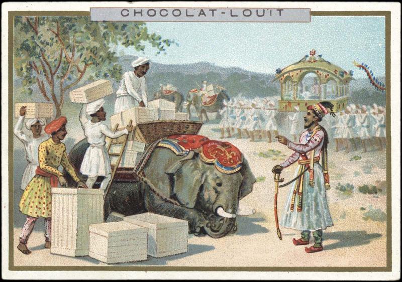 Quatre indiens chargeant des caisses sur un éléphant - Aux Indes (titre d'origine)_0