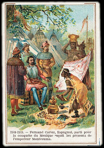 1518-1519 ; - Fernand Cortez, Espagnol, parti pour / la conquête du Mexique reçoit les présents de / l'empereur Montezuma (titre inscrit)_0