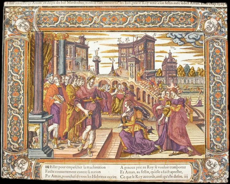 Ester advertie qu'Aman (en despit du Iuif Mardochee) vouloit faire mourir to les Iuifs, prie de Roy venir à son festin avec ledict Aman. Ester chap iij.iiij.v (titre inscrit)_0