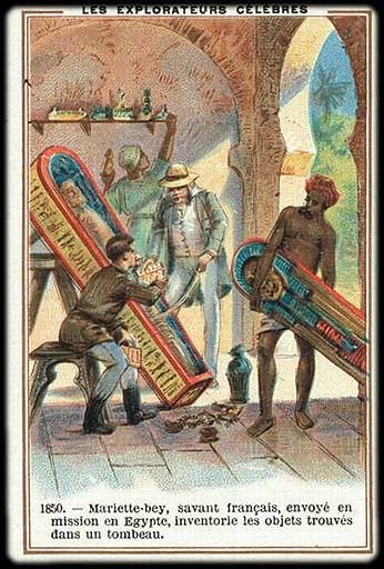 LES EXPLORATEURS CELEBRES / 1850.- Mariette, savant français, envoyé en / mission en Egypte, inventorie les objets trouvés / dans un tombeau (titre inscrit)_0