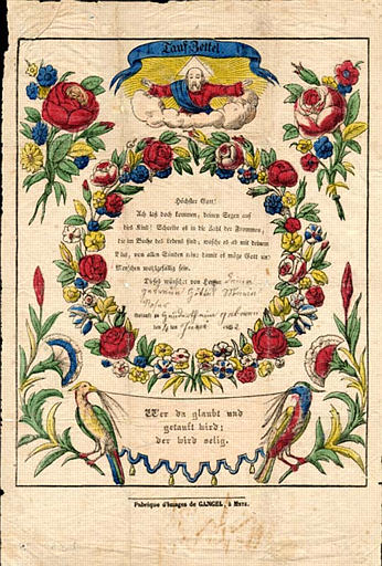 Tauf-Zettel (titre inscrit), Gangel, 1862