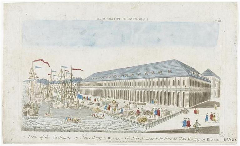 LA BOURSE DE PETERSBOURG (titre inscrit, en caractères inversés) ; A Vien of the Exchange at Petersburg in RUSSIA - Vue de la Bourse et du Port de Petersbourg en RUSSIE (titre inscrit)_0