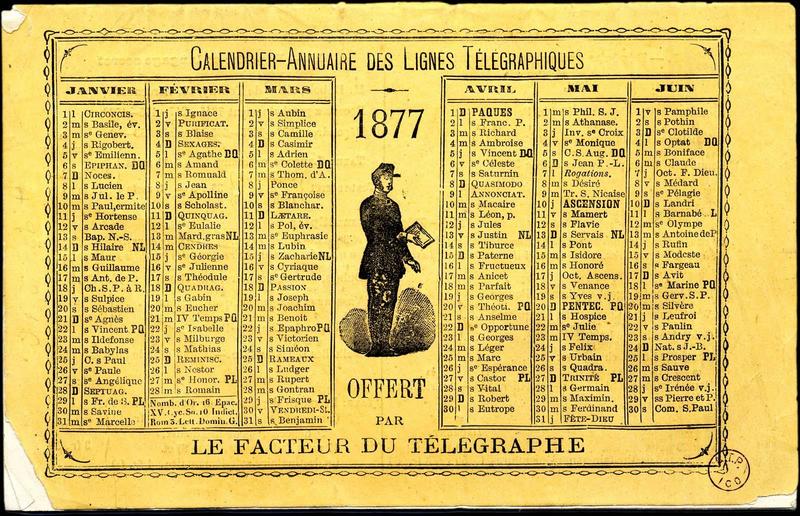 CALENDRIER-ANNUAIRE DES LIGNES TELEGRAPHIQUES / 1877 / OFFERT PAR LE FACTEUR DU TELEGRAPHE (titre inscrit)_0