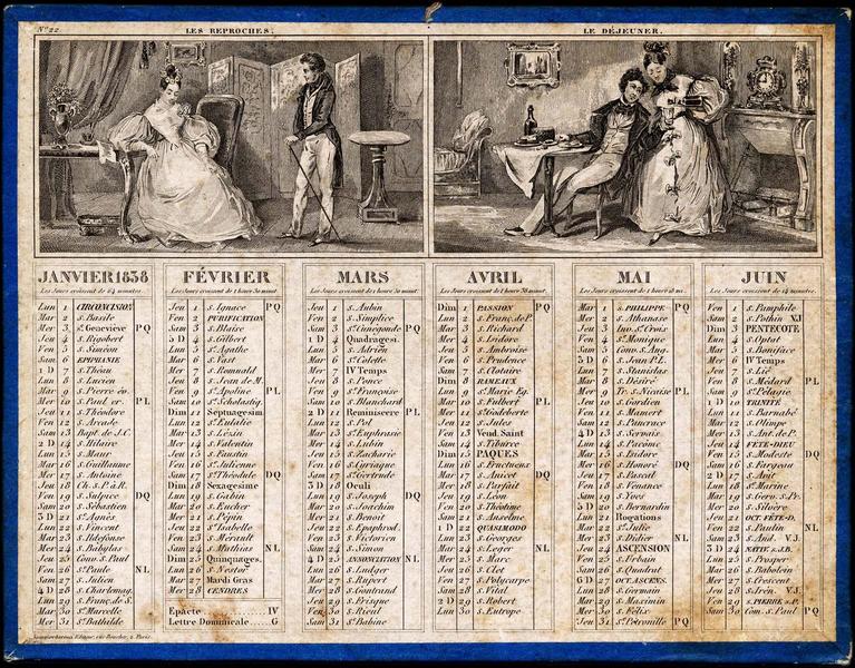 Almanach de cabinet avec quatre scènes représentant un couple dans un intérieur bourgeois de 1838 (titre factice)_0