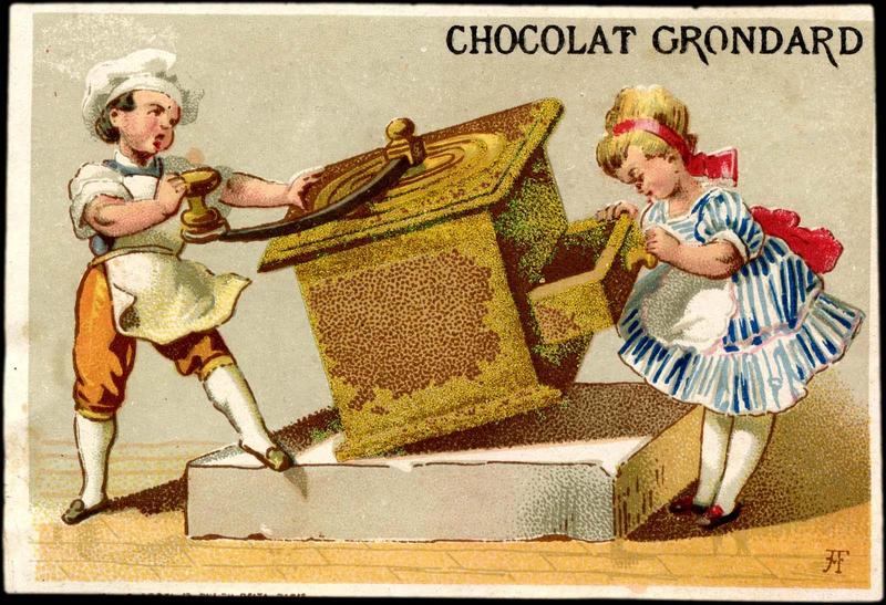 Un petit cuisinier moud le café dans un moulin géant pendant qu'une jeune fille regarde dans le tiroir du moulin (titre factice)_0