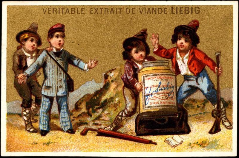 Enfant vêtu en touriste anglais attaqué par des enfants vêtus en bandits italiens qui lui volent un pot d'extrait de viande Liebig (titre factice)_0