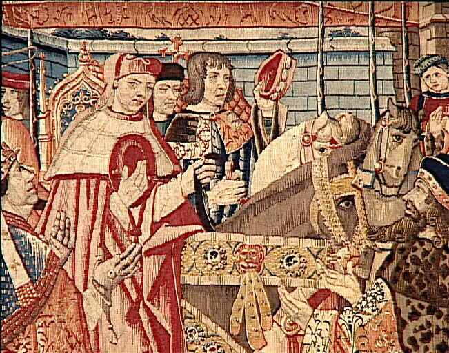 Légende de saint Etienne (scène 20) : Le corps est accueilli par le pape et déposé en l'église Saint-Pierre de Rome_4