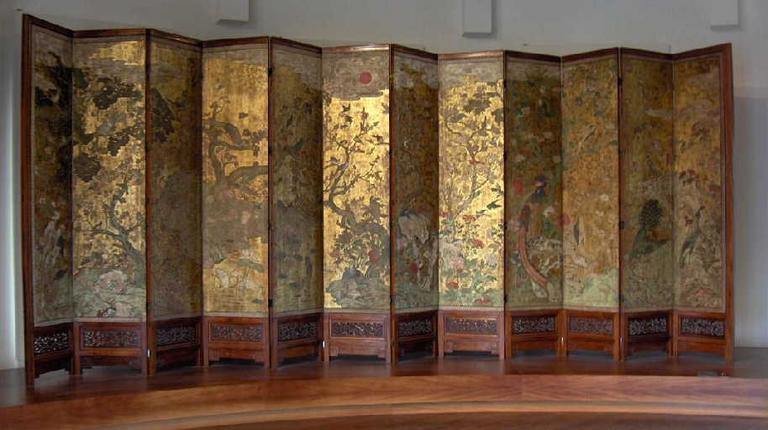 Paravent à décor de fleurs et d'oiseaux_0