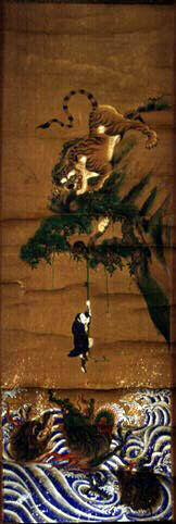 Homme suspendu entre le tigre et le dragon_0
