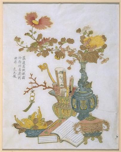 Série dite de Kaempfer : Vase bleu, rouleau de peinture et livres_0