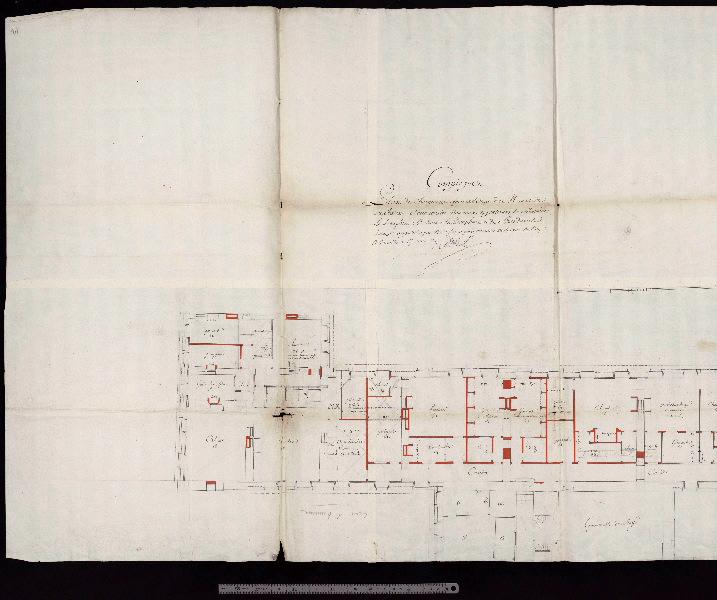 Plan de l'étage d'attique et comble du château pour servir au projet 'Compiègne / Plan des changements à faire à l'étage de mansarde du château, à l'occasion des nouveaux appartements de Monsieur le Dauphin, de Madame la Dauphine et de Mesdames. / Cotez appostiller par nous, soussigner premier architecte du Roy à Vresailles ce 17 avril 1747 '_0