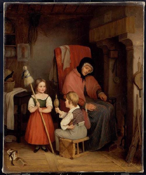 Scène d'intérieur avec une femme et deux enfants_0