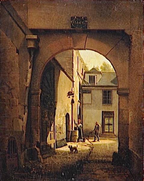 Cour d'une maison de Paris, avec puits, personnages et chien, Etienne Bouhot, 1ère moitié 19e siècle