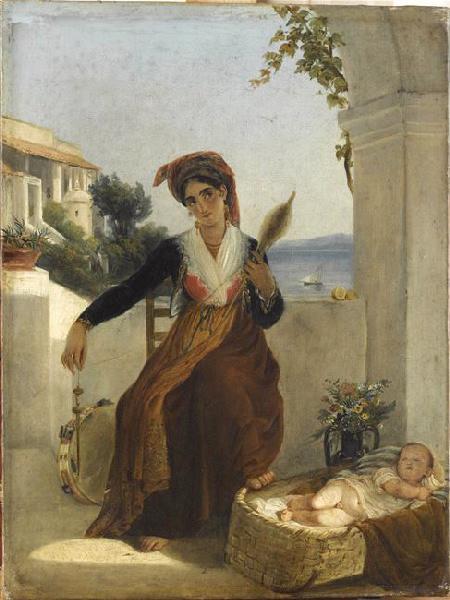 Italienne d'Ischia près du berceau de son enfant_0