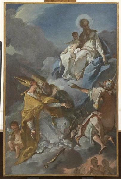 Saint Jacques intercédant auprès de la Vierge en faveur des âmes du purgatoire ; La Vierge avec l'Enfant sur les nuages, adorée par trois saints (ancien titre), Michel François Dandre Bardon, 1742 vers,1745 vers