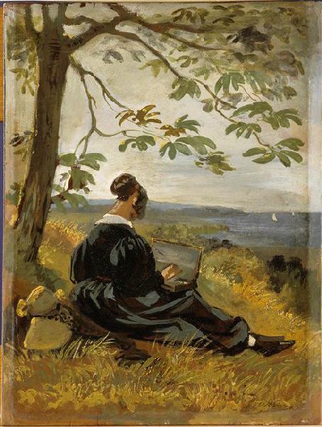 Jeune Femme dessinant au pied d'un arbre_0