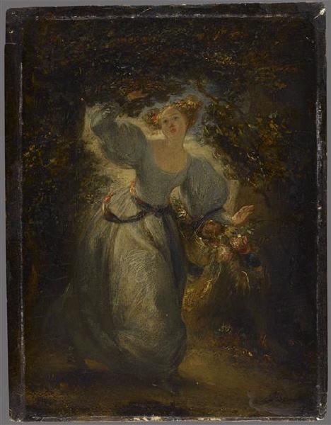 Jeune Femme traversant un bosquet, une corbeille de fleurs dans les mains_0