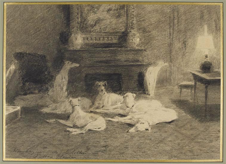Sept chiens sloughis blancs dans un salon, Jean Maxime Claude, 4e quart 19e siècle