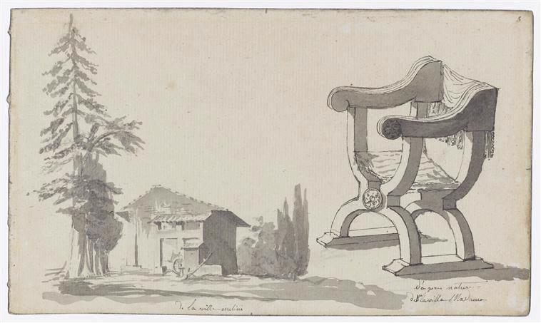 Feuille d'étude ; Vue prise de la villa Mellini ; étude d'un fauteuil du XVIe siècle à la villa Madama (ancien titre)_0