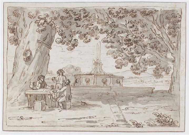 Paysage avec trois buveurs attablés sous un arbre_0
