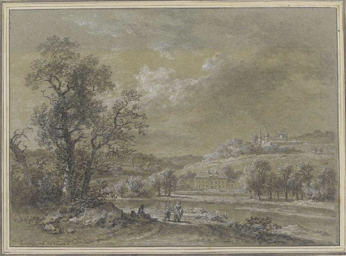 Paysage avec rivière, château et figures, Jean-Denis Lempereur, 3e quart 18e siècle