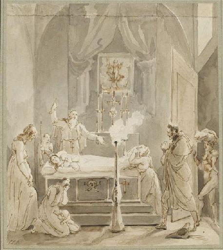 Un homme trouve une jeune fille morte ; Ancien titre : Un homme de condition élevée, rentrant de voyage, trouve, dans un intérieur rustique, une jeune fille sur son lit de mort, François Marius Granet, 1ère moitié 18e siècle