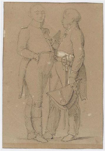 Deux hommes conversant ; Ancien titre : Deux hommes (civil et militaire) debout et conversant, François Joseph Heim, 2e quart 19e siècle