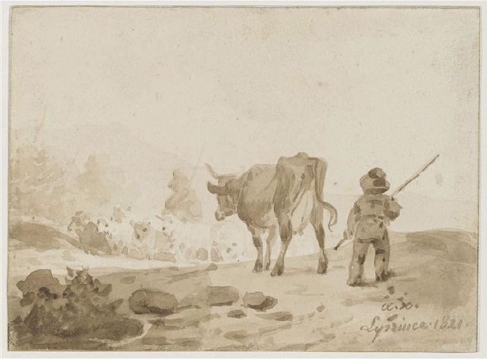 Petit berger, vache et moutons, Огюст-Ксавье Лепренс, 1821