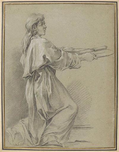 Jeune Ministre agenouillé tenant le couteau du Sacrifice sur un plateau ; Ancien titre : Jeune diacre agenouillé, Charles André Van Loo, 1744 vers