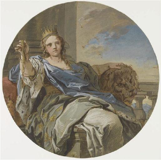 La Générosité (?) ; Ancien titre : Figure allégorique de femme couronnée, la main reposant sur la tête d'un lion, Charles André Van Loo, 2e quart 18e siècle, 3e quart 18e siècle