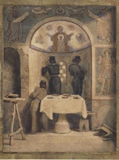 Moines du mont Athos peignant à fresque une absidiole_0