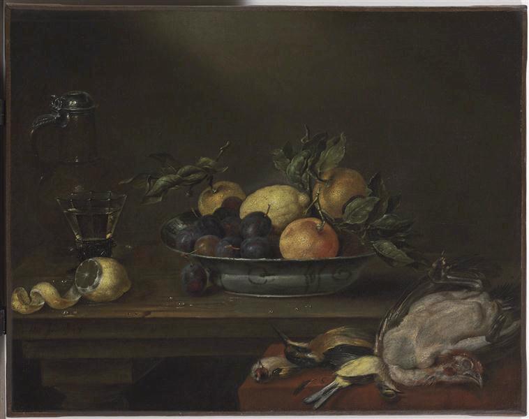Nature morte ; Fruits, oiseaux morts et poulet plumé ((ancien titre)), Alexander Adriaenssen, 17e siècle