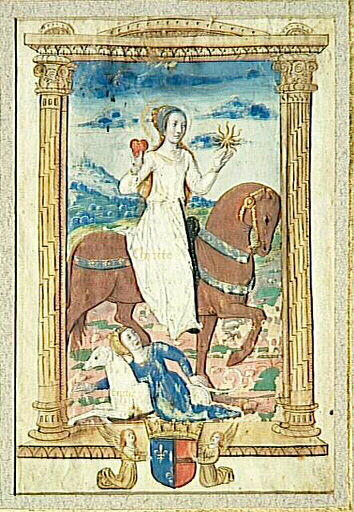 Rondeau des Vertus ; Libéralité contre Avarice (Rondeau ) ; Charité contre Envie (Miniature)_0