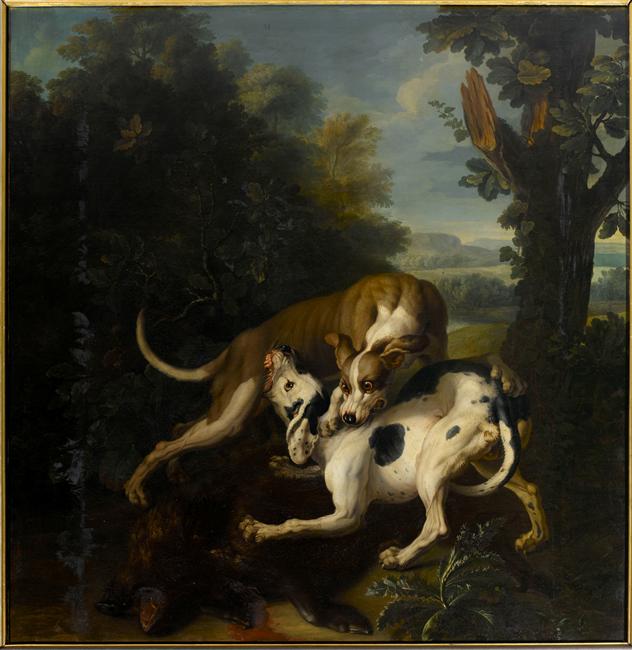 Combat de deux chiens autour de la dépouille d'un sanglier, Nicolas Desportes, 1757 vers
