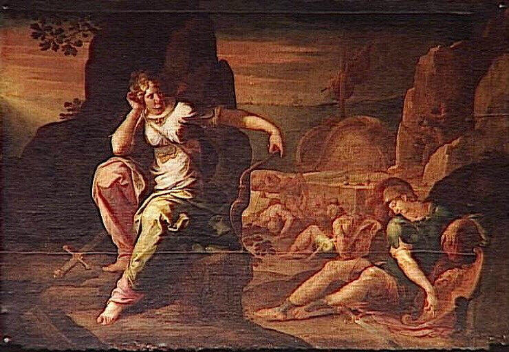 Chariclée et Théagène blessé sont épiés par des voleurs_1