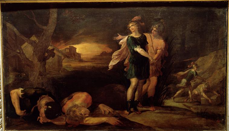Théagène revient sur l'île des Pâtres à la recherche de Chariclée ; Retour de Théagène et Cnémon dans l'île des pâtres après le combat (ancien titre)_0