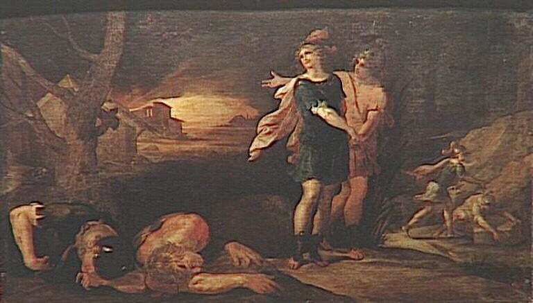 Théagène revient sur l'île des Pâtres à la recherche de Chariclée ; Retour de Théagène et Cnémon dans l'île des pâtres après le combat (ancien titre)_1