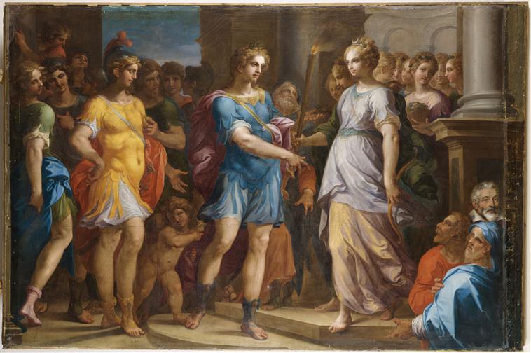 Théagène reçoit le flambeau des mains de Chariclée ; Diane remettant un flambeau à un guerrier (ancien titre)_0