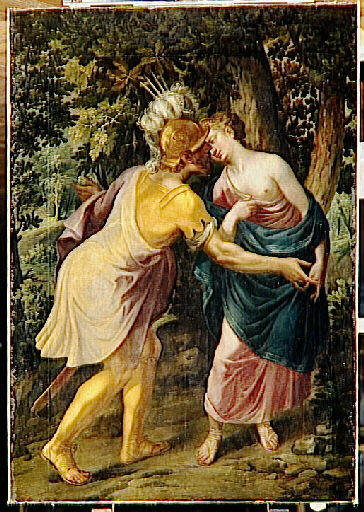 Hyanthe saluée par Francus ; Adieux d'un guerrier à une reine (autre titre); Tancrède et Herminie (autre titre), Toussaint Dubreuil, 1602 avant