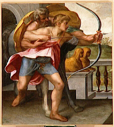 Le jeune Hercule apprenant à tirer à l'arc, Toussaint Dubreuil, 4e quart 16e siècle