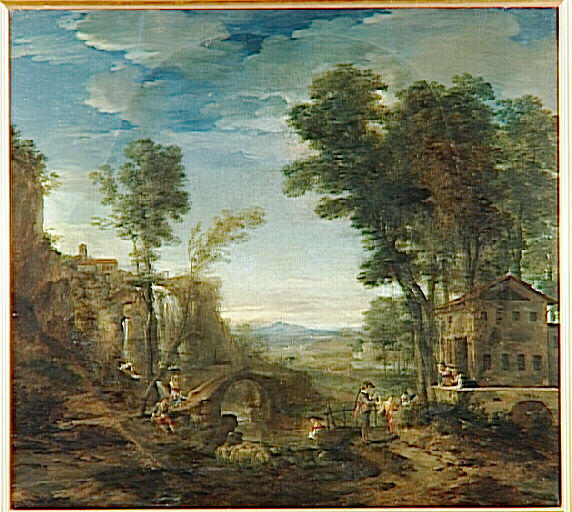 Paysage (où l'on voit un pont, une chute d'eau, un berger qui garde des moutons et chèvres, un joueur de musette vêtu de bleu, sur la gauche une femme)_0