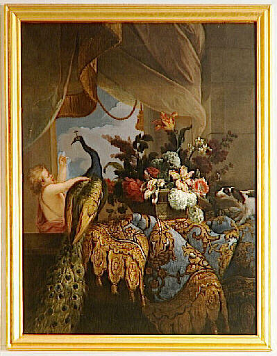 Des fleurs et un enfant jouant avec un paon, Pierre Nicolas Huilliot, 1ère moitié 18e siècle