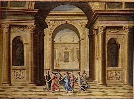 Nymphes dansant devant un temple (Le péristyle d'un palais), Jean Lemaire, 1ère moitié 17e siècle