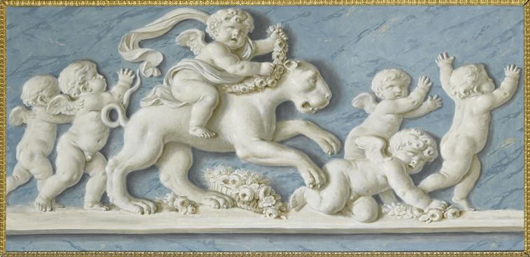 AMOURS ET ATTRIBUTS (UNE LIONNE AU CENTRE) INS INDICATION SUR LE CHASSIS : POUDRIER, Pieter Joseph Sauvage, 4e quart 18e siècle