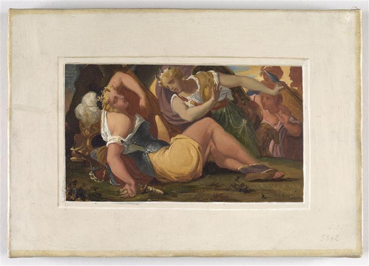 Guerrière blessée (Amazone ?) et femme tenant un trait_0